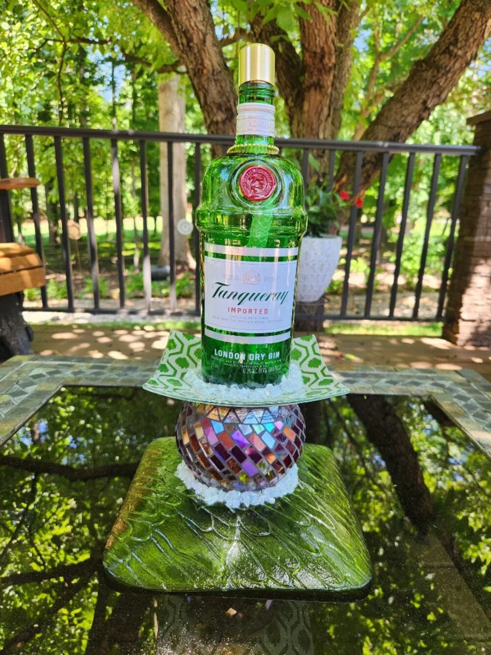 Upcycled Tiki Torch Tanqueray Mosaic Crushed Glass Accents